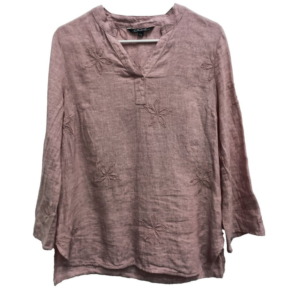 Charlie B Womens Top Small Pink Embroidered Linen Long Sleeve Coastal‎ Resort